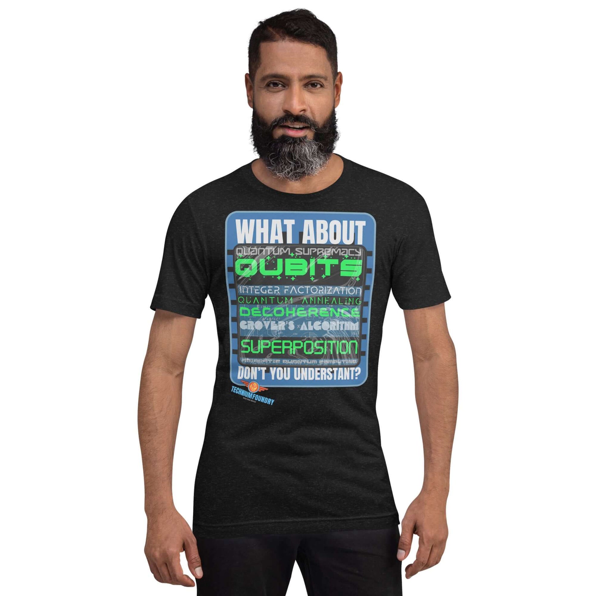 "Quantum Supremacy Tee featuring quantum computing concepts and witty text, worn by a model, perfect for science enthusiasts."