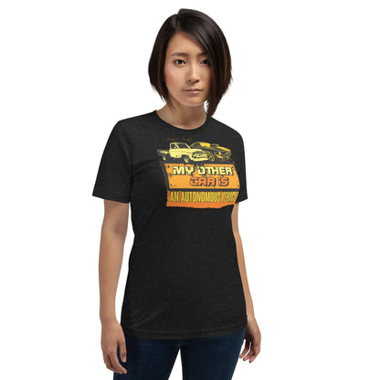 Woman wearing "My Other Car Is An Autonomous Vehicle" t-shirt with vintage car graphic.