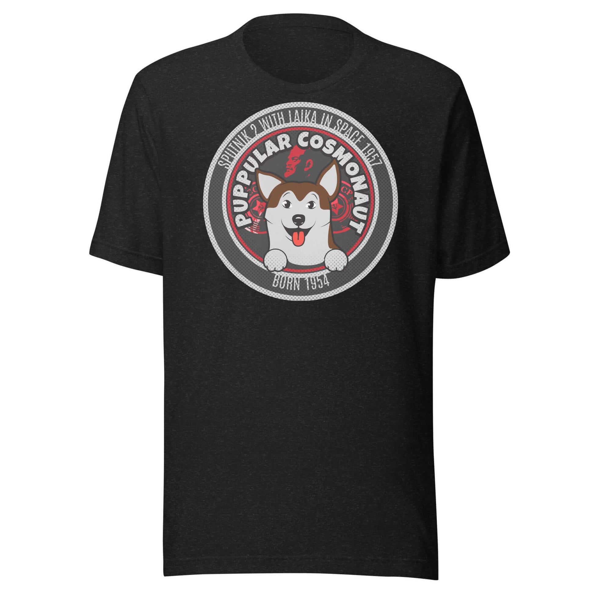 Puppular Cosmonaut T-shirt featuring Laika the space dog in retro design, celebrating Soviet space history with fun graphics.