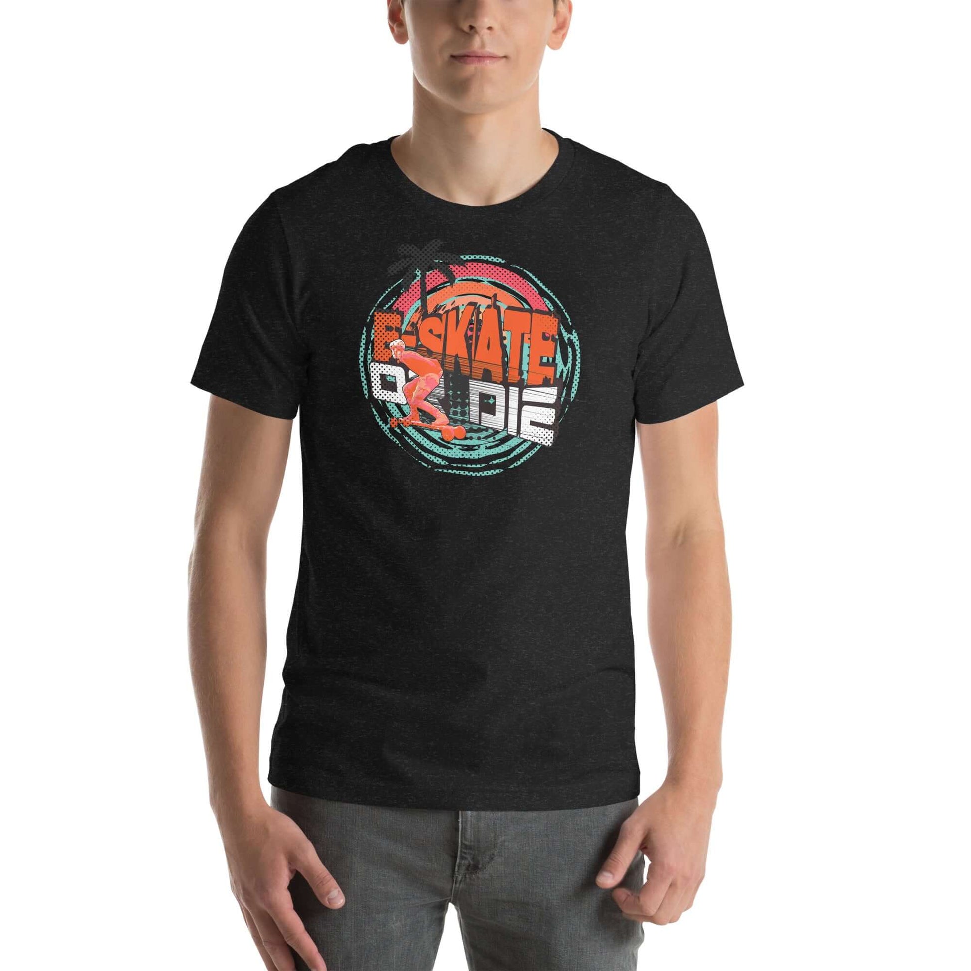 Man wearing eSkate Life T-Shirt featuring a retro sunset design with tropical vibes and electric skateboard theme.