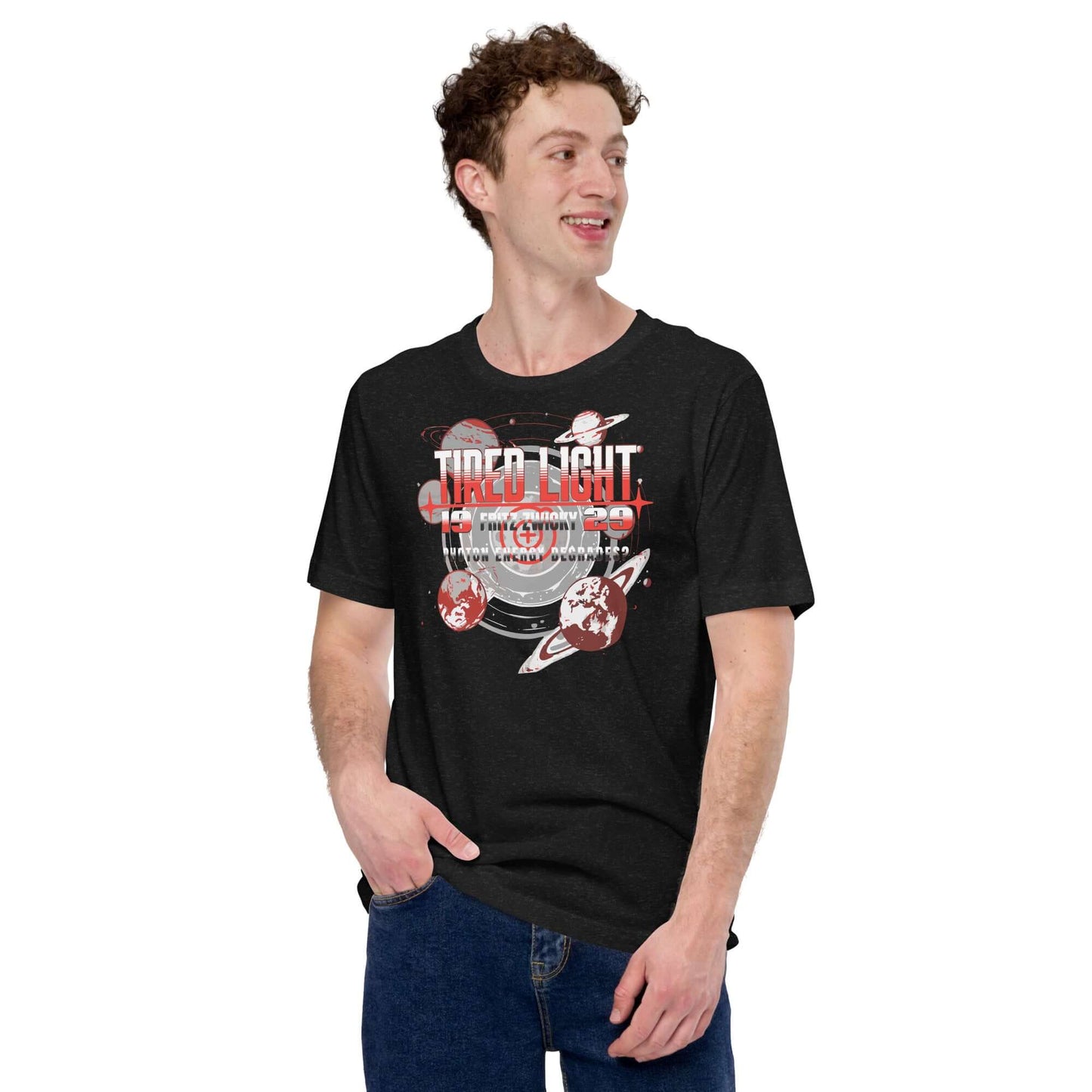 Man wearing a Tired Light T-Shirt with retro sci-fi design in red and gray featuring planets, inspired by Fritz Zwicky's 1929 hypothesis.