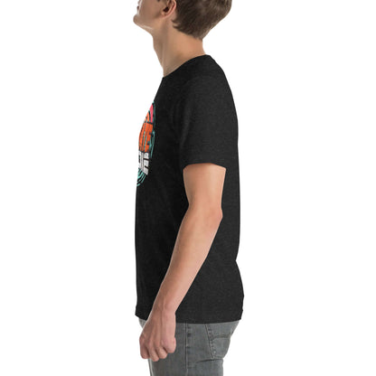 Side view of a person wearing a black eSkate Life T-Shirt featuring a retro sunset design, embodying tropical electric skateboarding vibes.