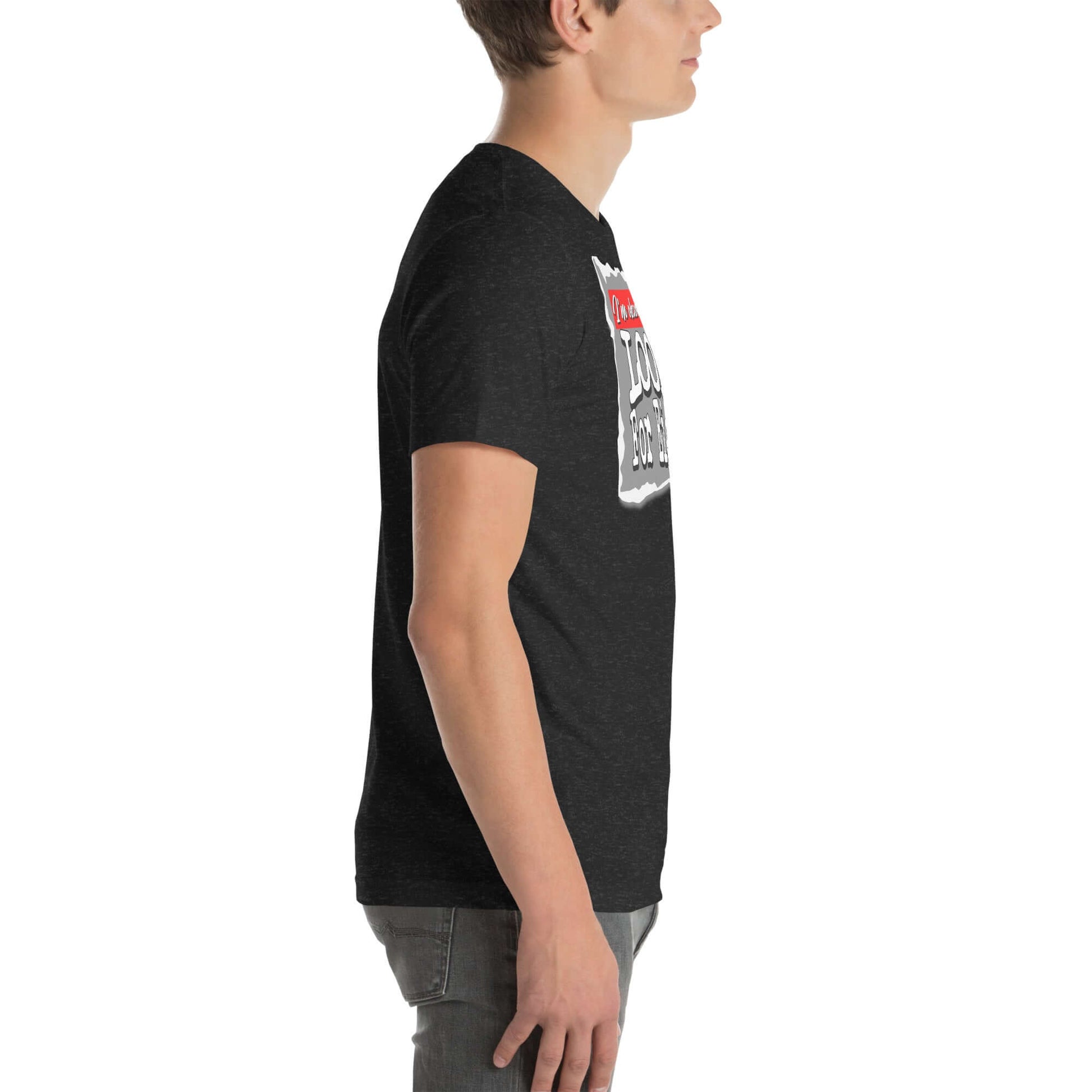 Side view of a black Observable and Single T-Shirt with bold graphic print.