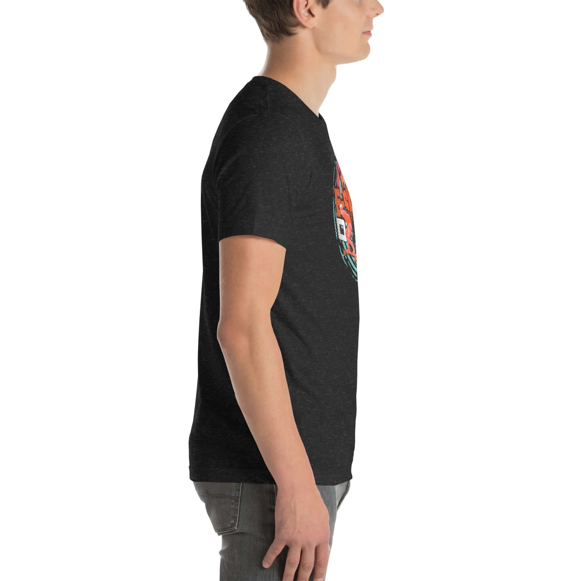 Side view of a person wearing an eSkate Life T-Shirt featuring a retro sunset design, reflecting electric skateboarding lifestyle.