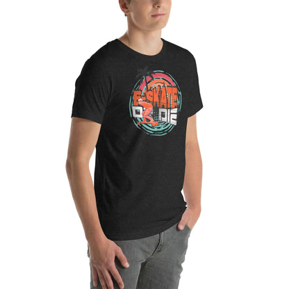 Man wearing black eSkate Life T-shirt featuring a retro sunset and palm trees design, celebrating electric skateboarding.