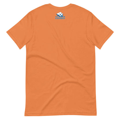 Back view of The Isotropic Universe orange t-shirt, showcasing logo and cosmology-meets-vacation theme.