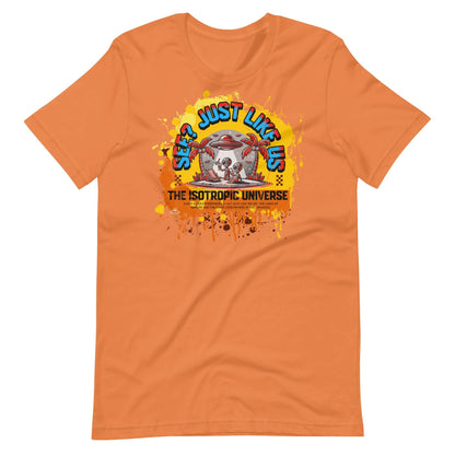 Orange t-shirt with 'The Isotropic Universe' graphic featuring aliens and humorous physics theme, blending cosmology with beach vibes.