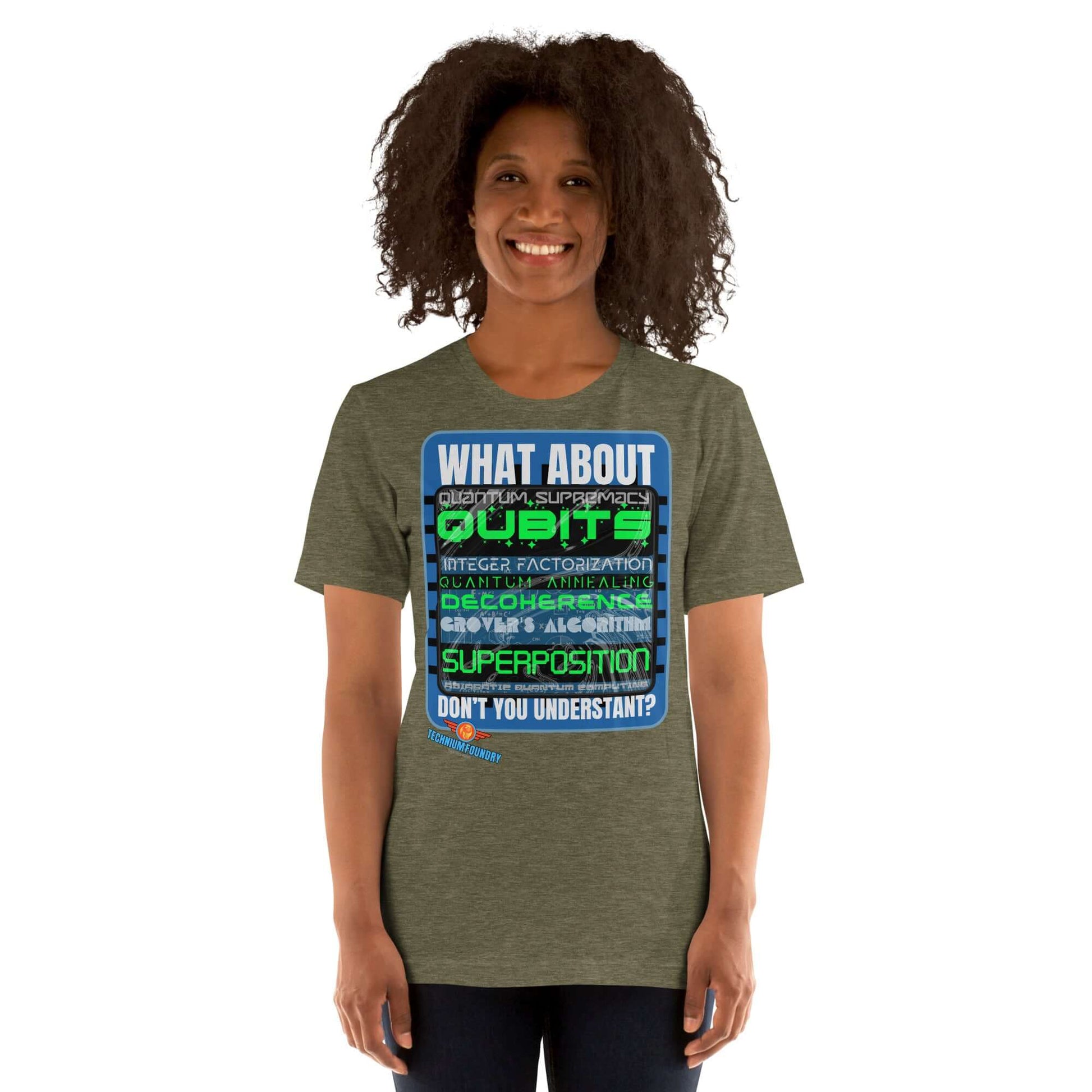 Woman wearing green "What About Quantum Supremacy?" tee with quantum computing concepts design and superposition theme.