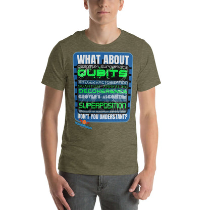 Quantum Supremacy Tee featuring quantum computing terms in green and blue text on a green shirt.