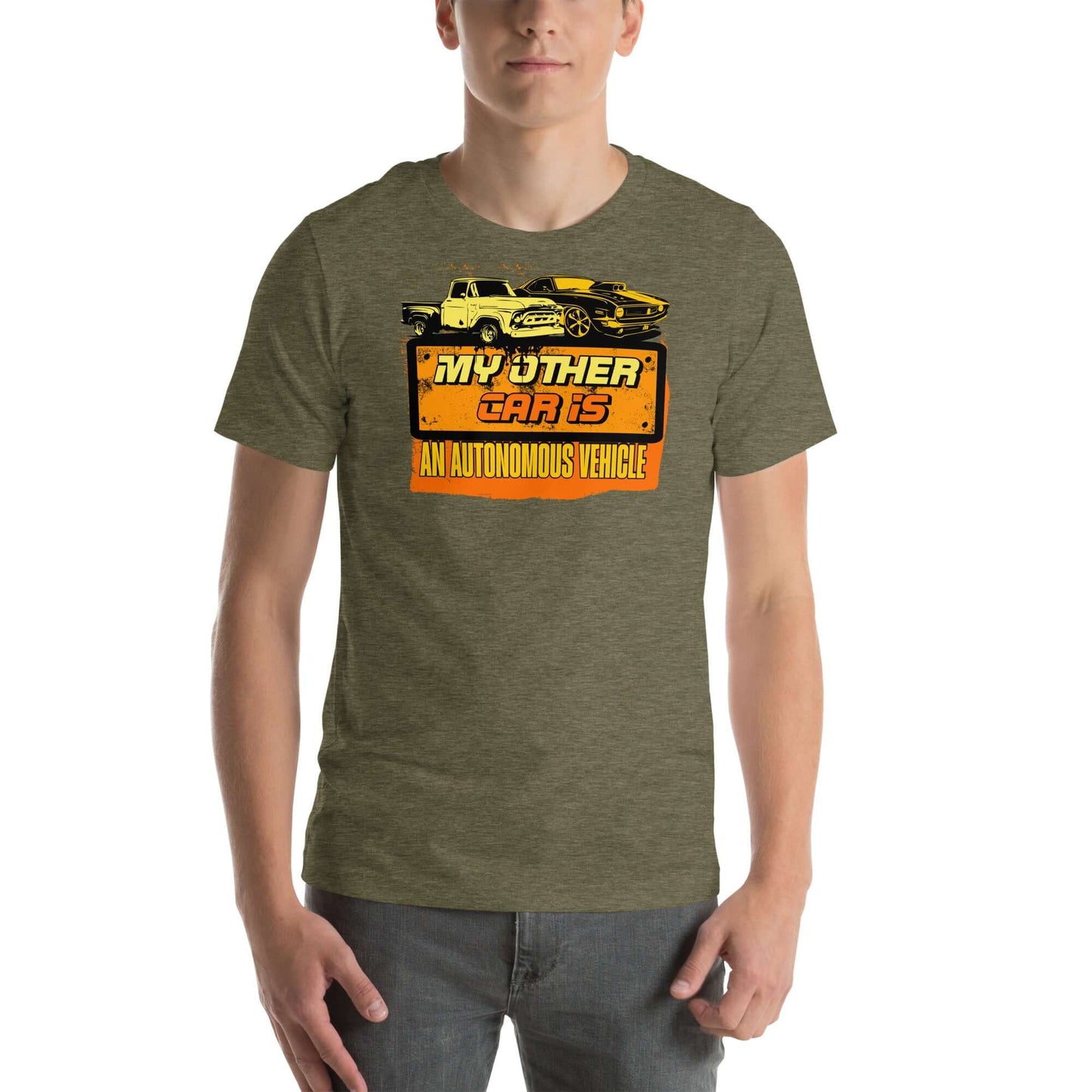 "My Other Car Is An Autonomous Vehicle T-Shirt with vintage car design celebrating classic and self-driving cars."