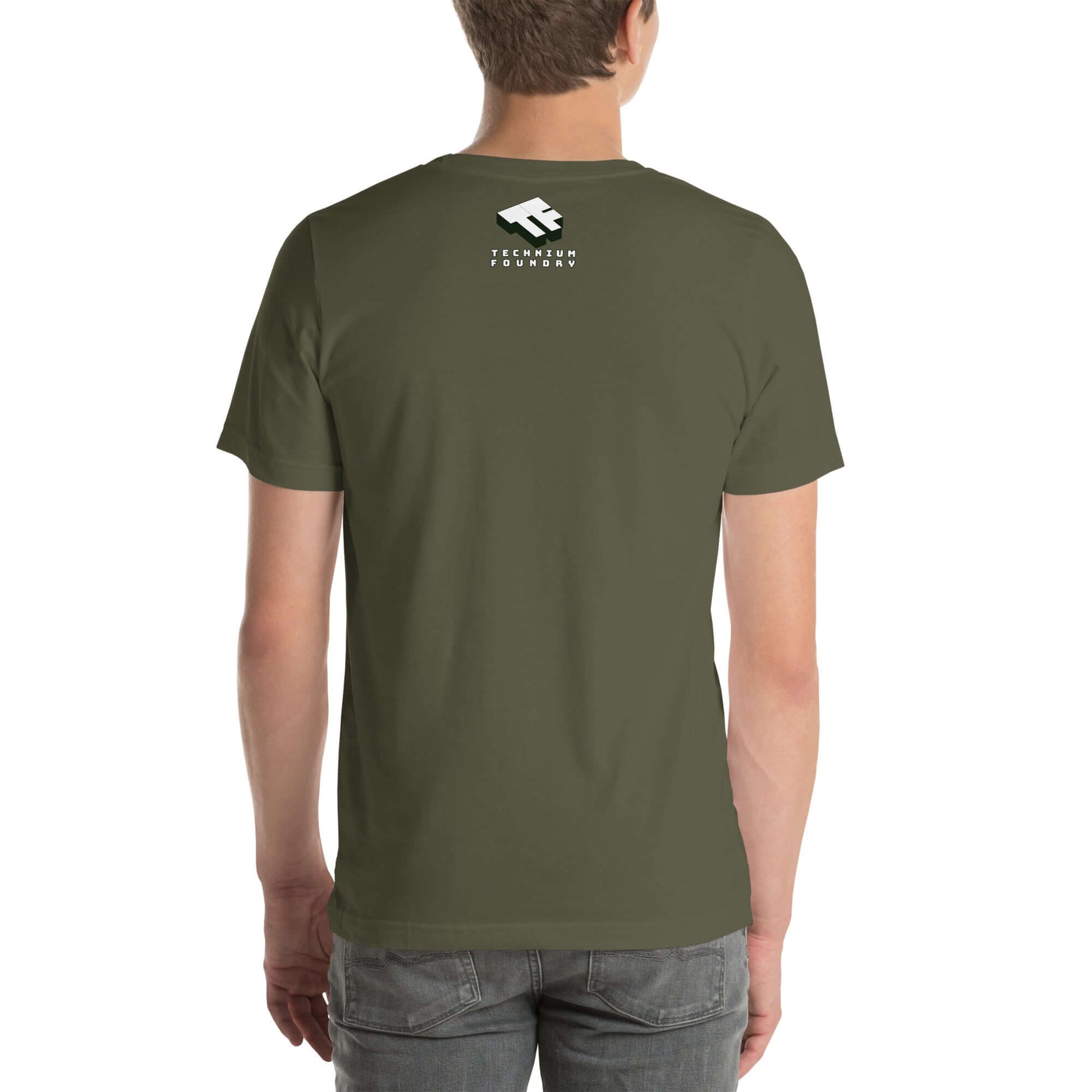 Back view of Space Force of Habit T-Shirt in green, featuring astronaut humor design with logo printed on the upper back.