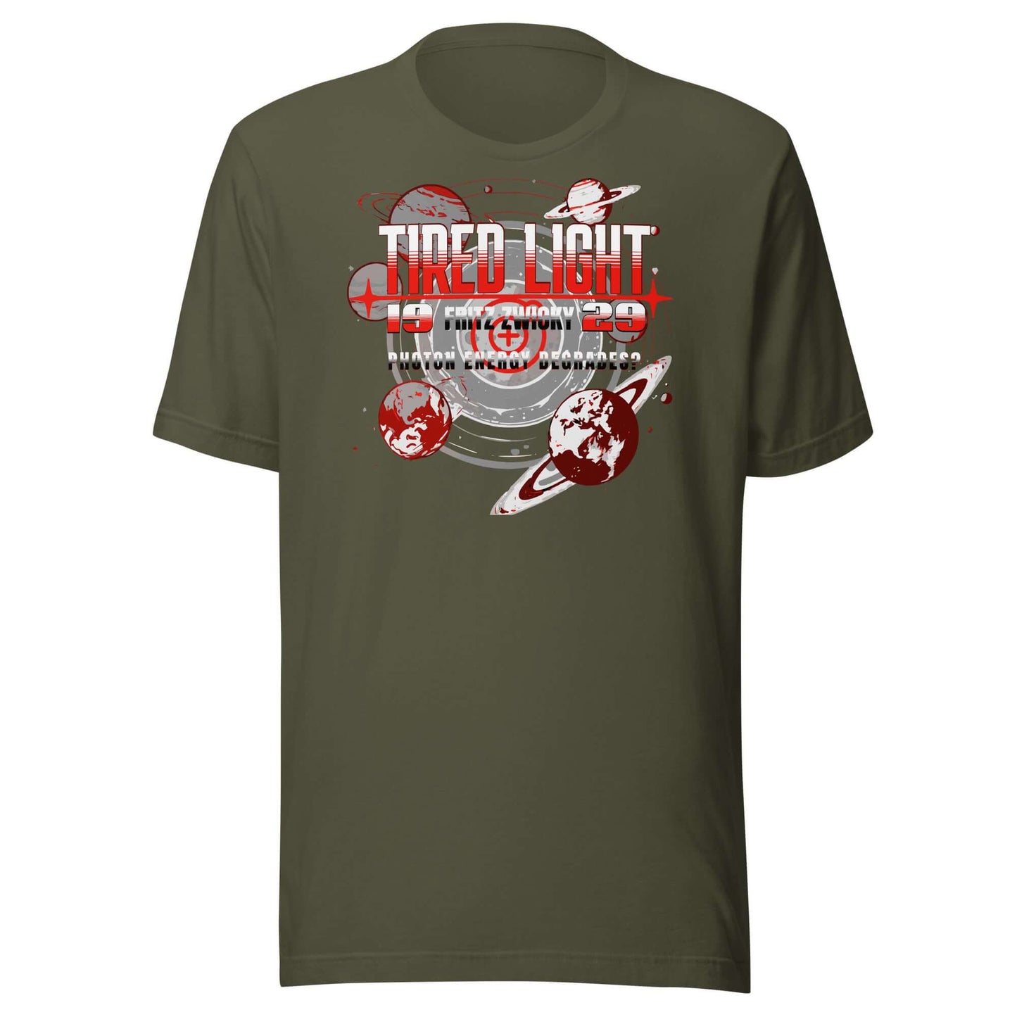 Tired Light T-Shirt with retro sci-fi design in red and gray, featuring planets, celebrating Fritz Zwicky's cosmic hypothesis.