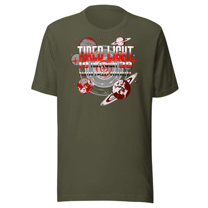 Tired Light T-Shirt with retro sci-fi design in red and gray, featuring planets, celebrating Fritz Zwicky's cosmic hypothesis.