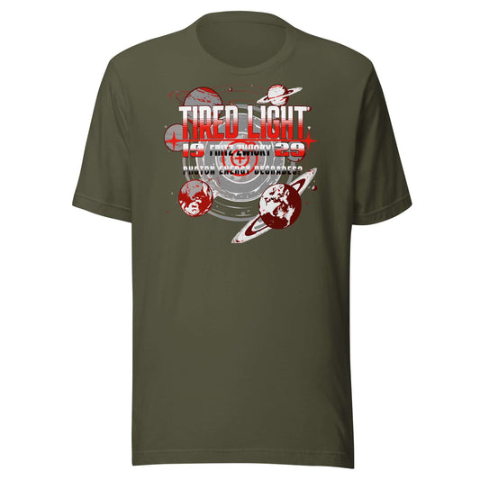 Tired Light T-Shirt with retro sci-fi design in red and gray, featuring planets, celebrating Fritz Zwicky's cosmic hypothesis.