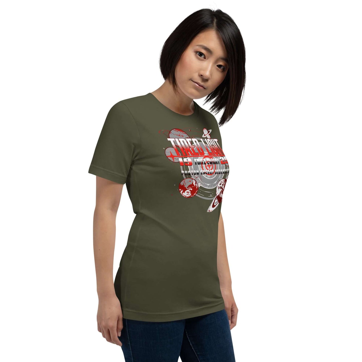 Woman wearing Tired Light T-Shirt with retro sci-fi design in reds and grays, inspired by cosmic photon fatigue theory.