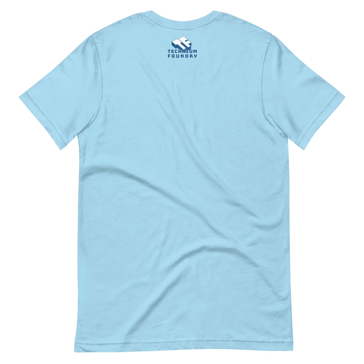 Back view of The Isotropic Universe T-Shirt in light blue, featuring the Technium Foundry logo for a cosmic and relaxed beach vibe.