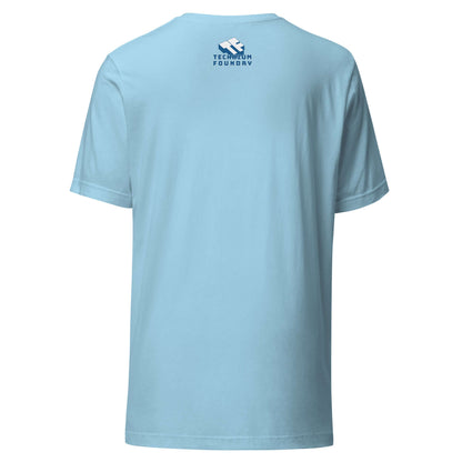 Back view of light blue t-shirt with Technium Foundry logo, perfect for data enthusiasts and spreadsheet lovers.