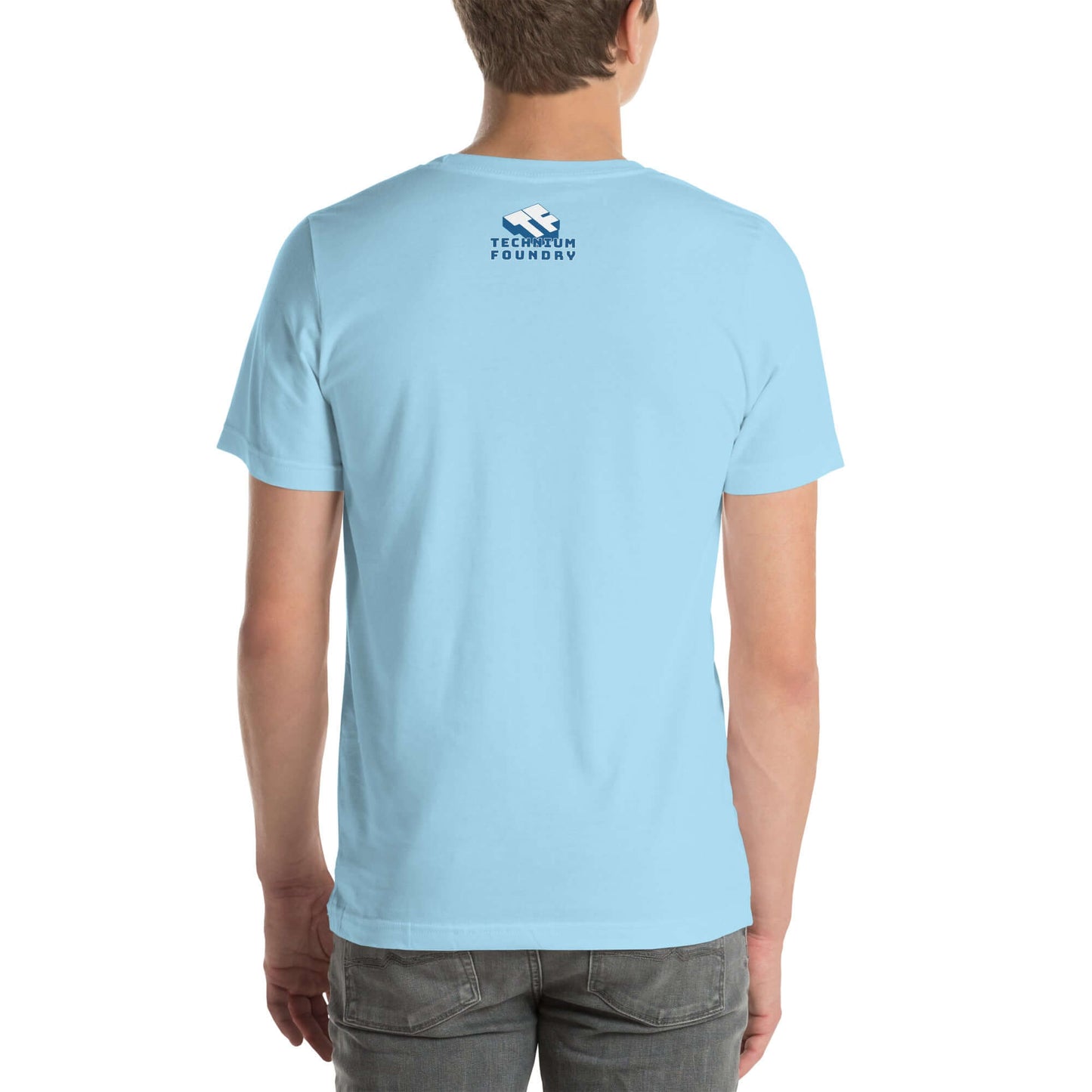 Person wearing light blue T-shirt with logo on back, casual style suitable for summer and leisure activities.