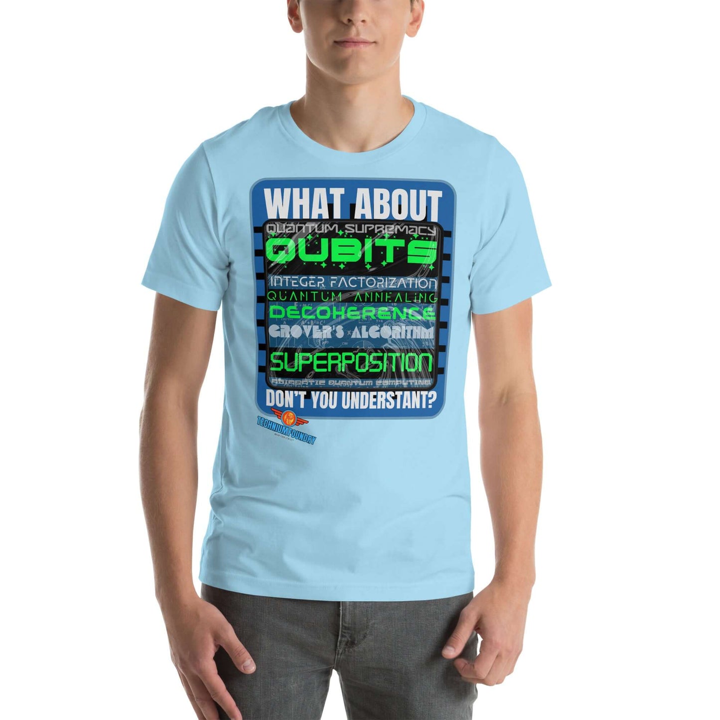 "Light blue tee with text 'What About Quantum Supremacy?' featuring quantum concepts like qubits and superposition in vibrant design."