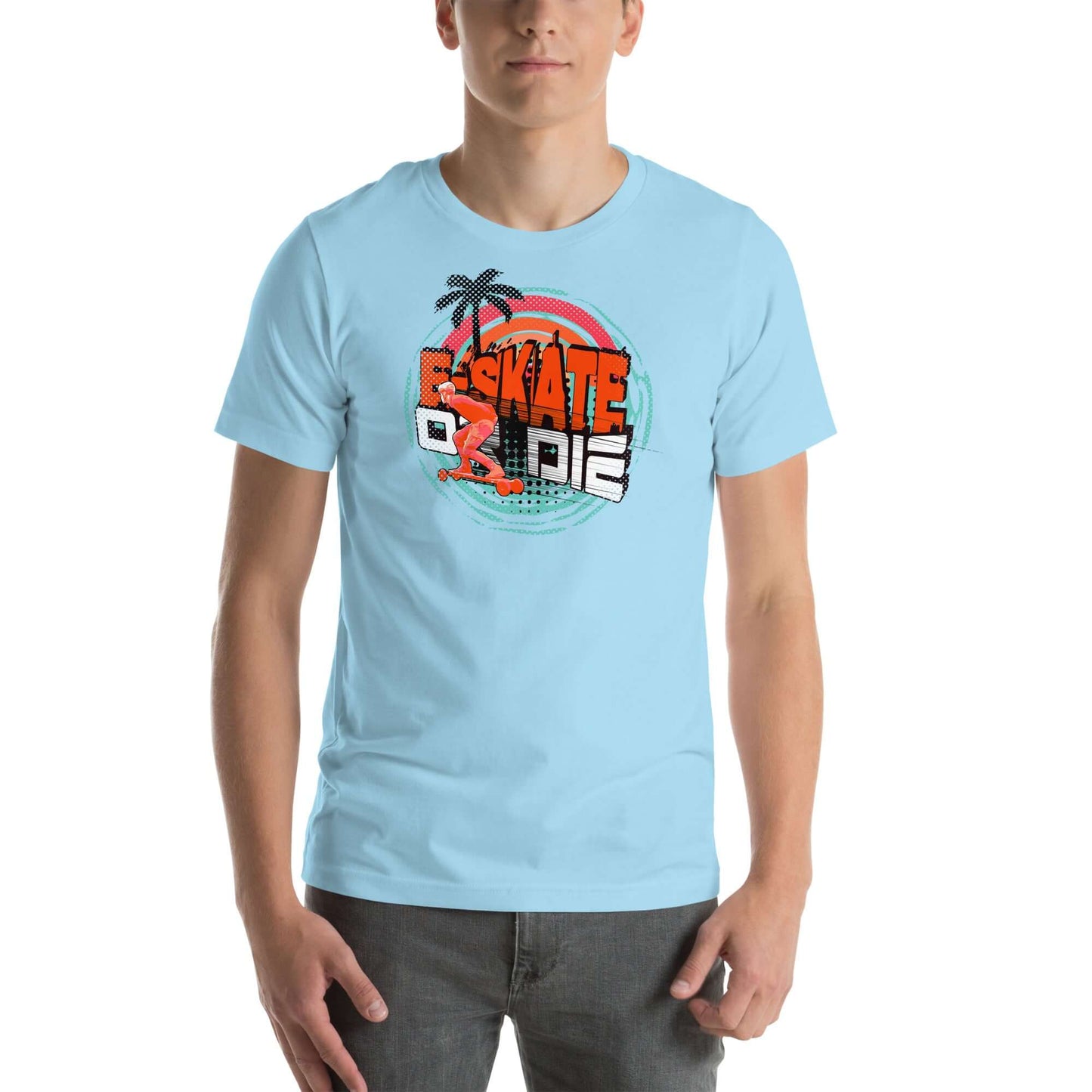 Blue eSkate Life T-Shirt featuring a retro sunset design with palm trees and electric skateboard theme, blending tropical vibes and tech style.