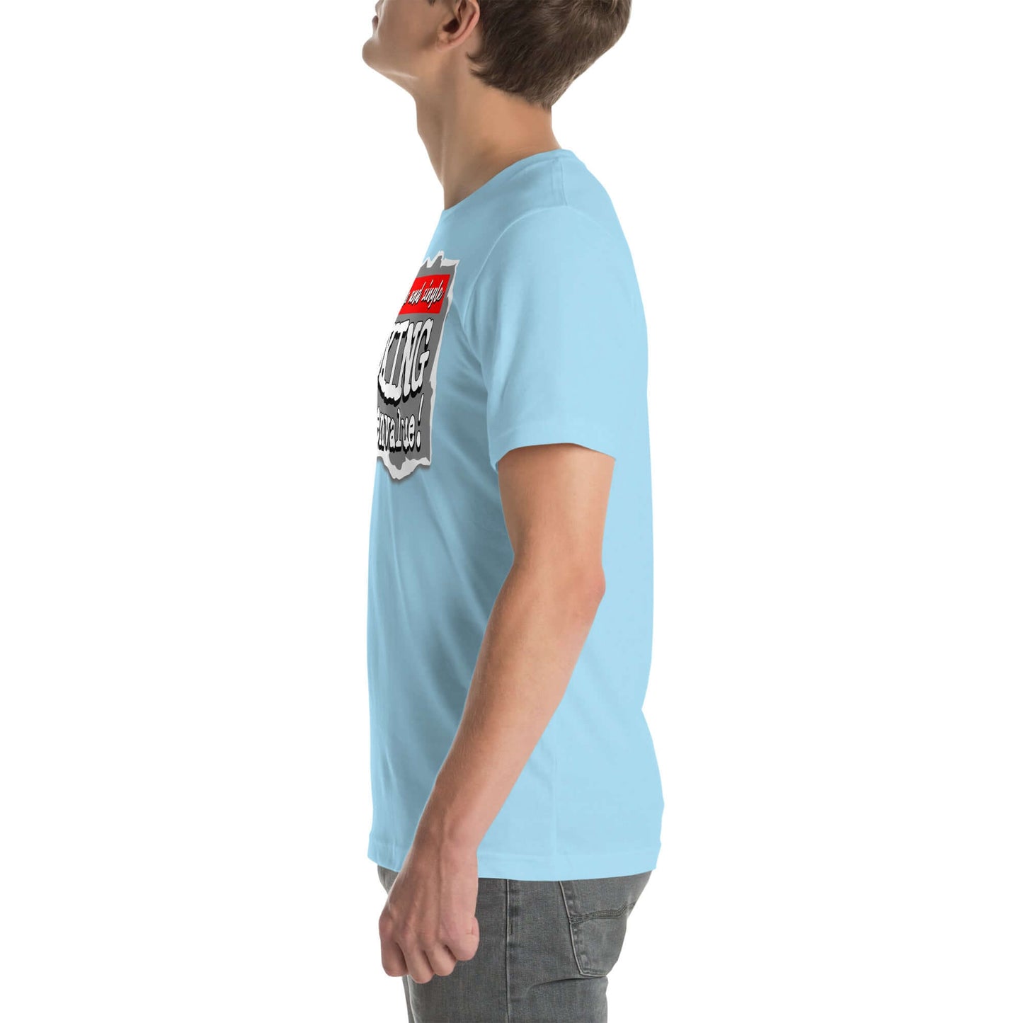 Side view of a person wearing a light blue T-shirt featuring bold typography related to quantum mechanics and dating profiles.