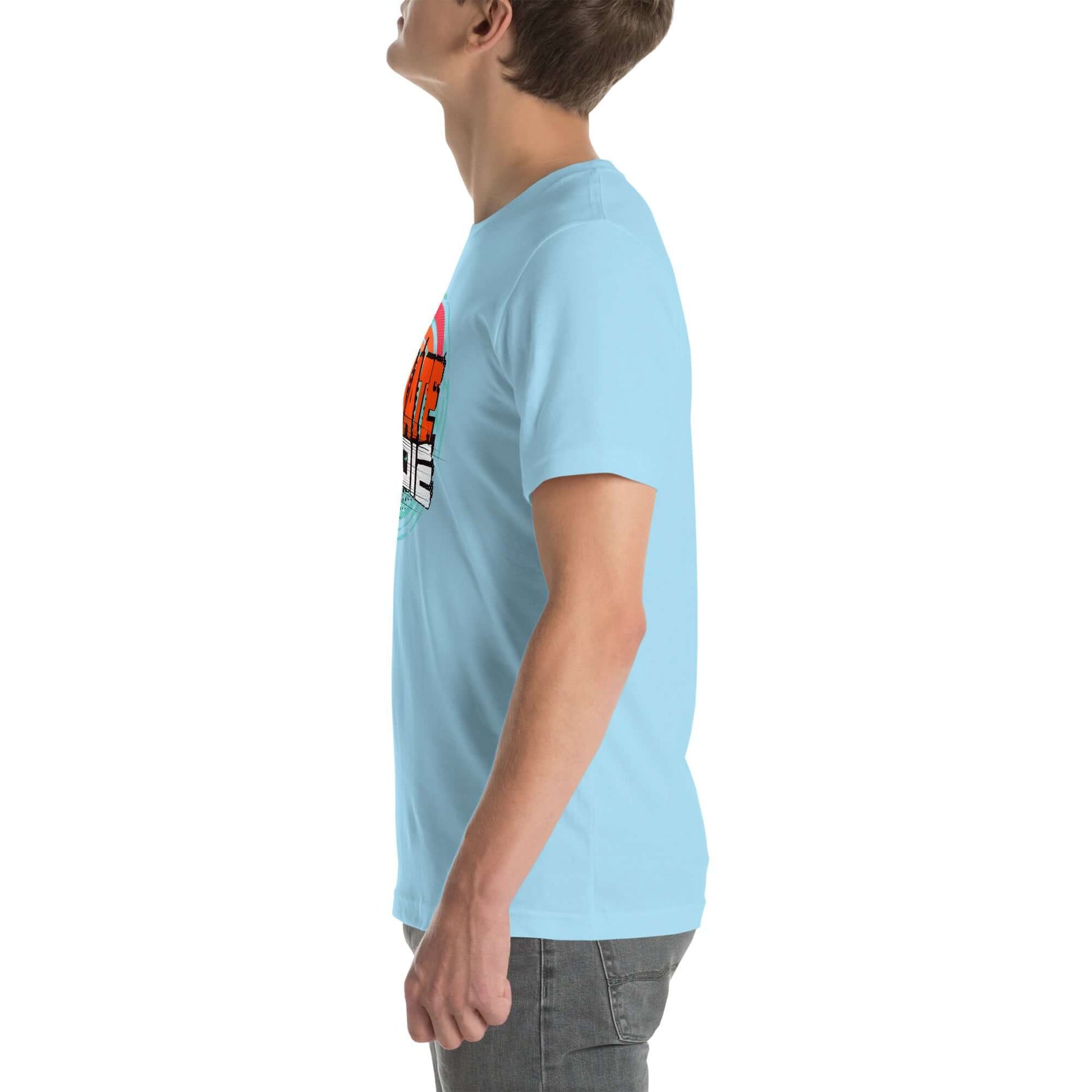 Side view of a light blue eSkate Life T-Shirt featuring a retro sunset design with electric skateboarding theme.