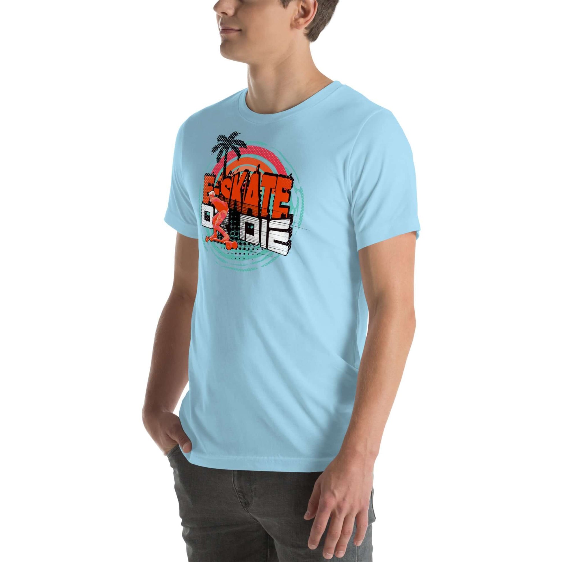 eSkate Life T-Shirt with retro sunset and palm tree design, celebrating electric skateboarding and tropical vibes in light blue.