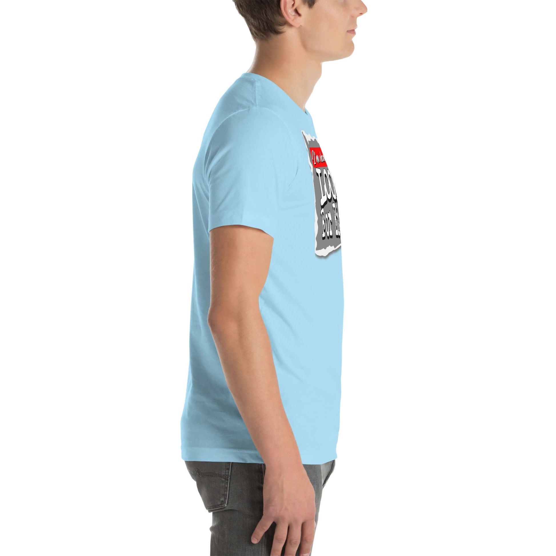 Side view of a blue t-shirt with quantum mechanics dating profile design.