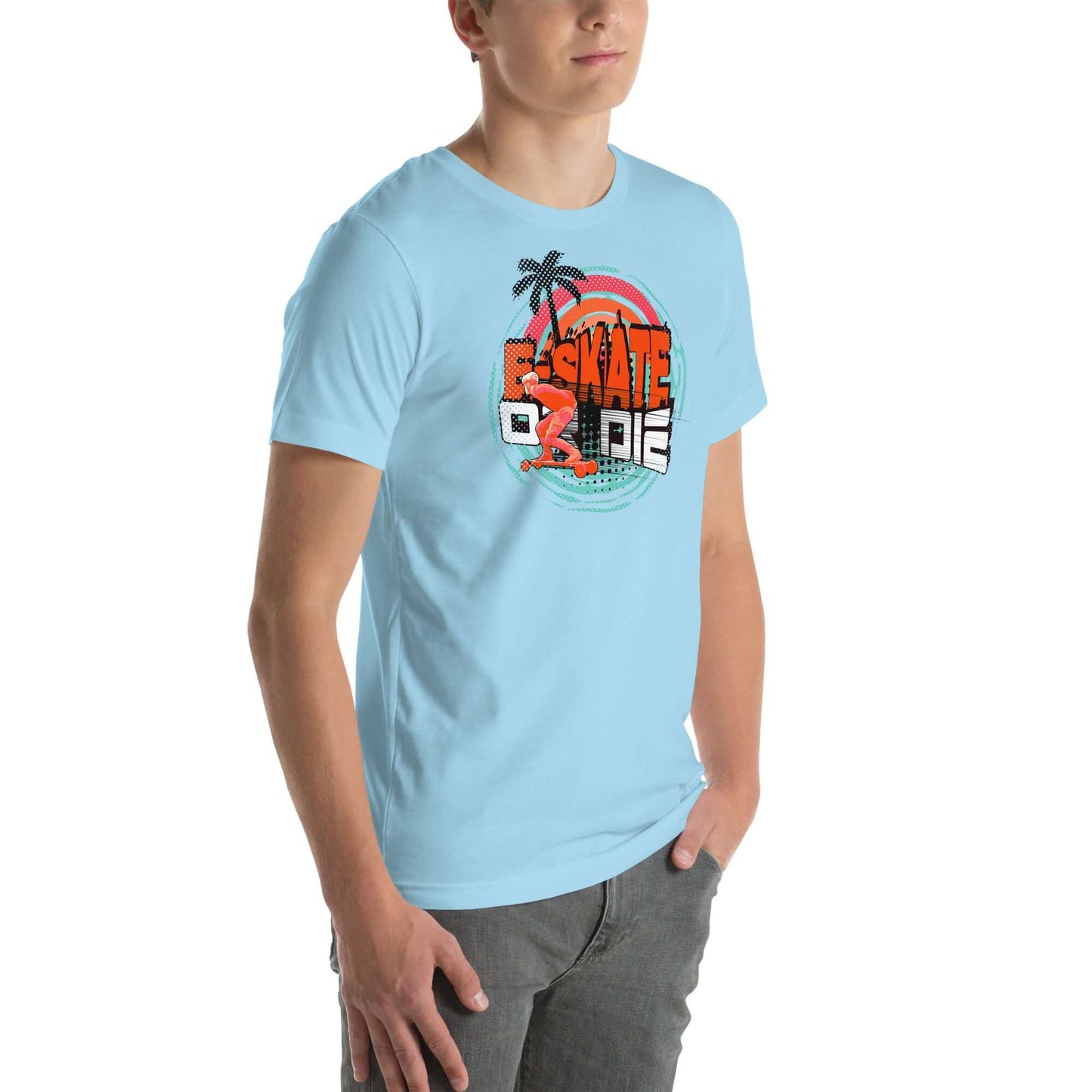 Man wearing eSkate Life T-Shirt with retro sunset design, palm trees, and text "eSkate or Die" for electric skateboarding enthusiasts.