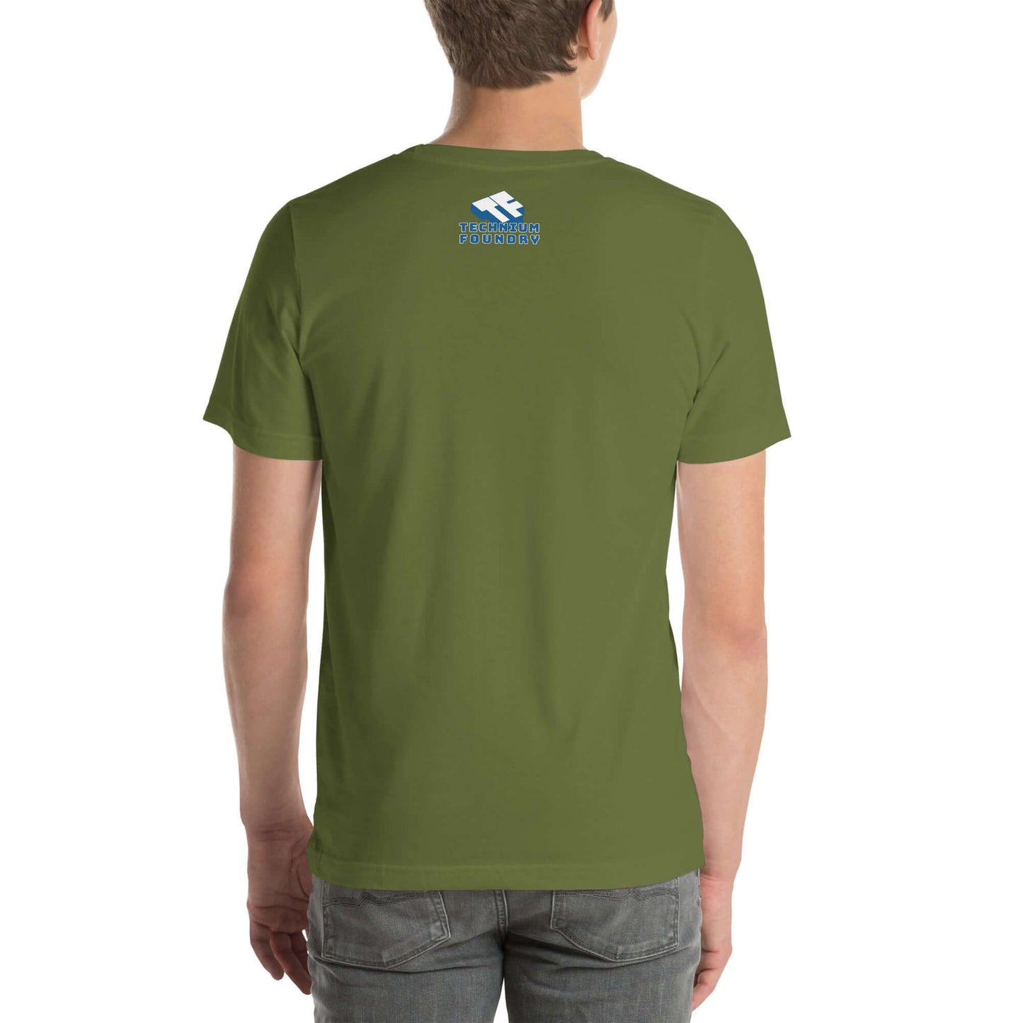 Back view of green Observable and Single T-Shirt featuring a quantum mechanics theme.