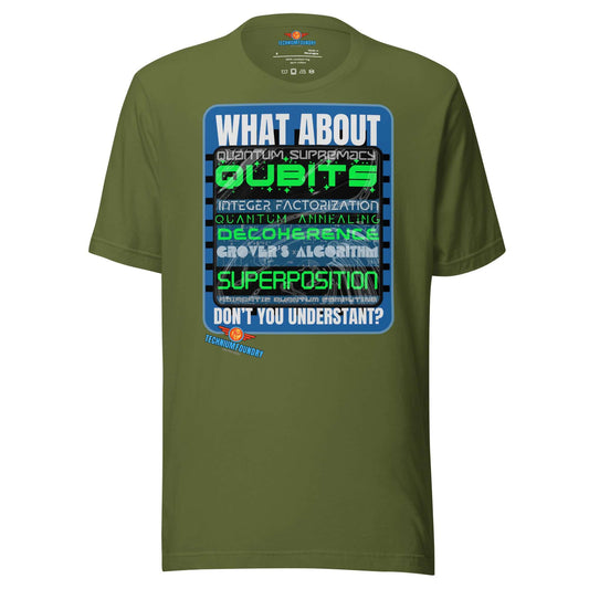 Green t-shirt with "What About Quantum Supremacy?" and quantum computing concepts in colorful text design.