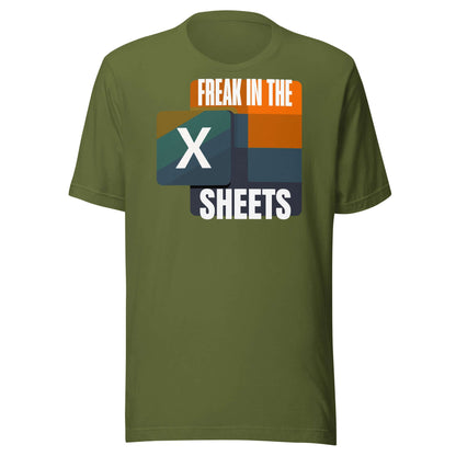 Olive green t-shirt with "Freak in the Sheets" retro Excel design, ideal for data enthusiasts and spreadsheet lovers.