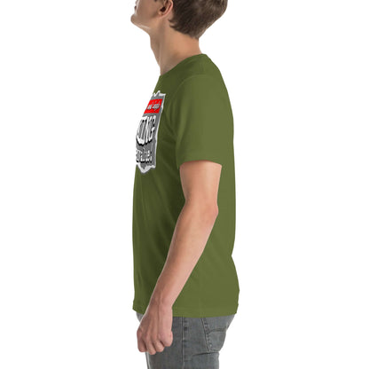 Green t-shirt with quantum mechanics dating profile design, bold typography, side view on model. "Observable and Single" theme.