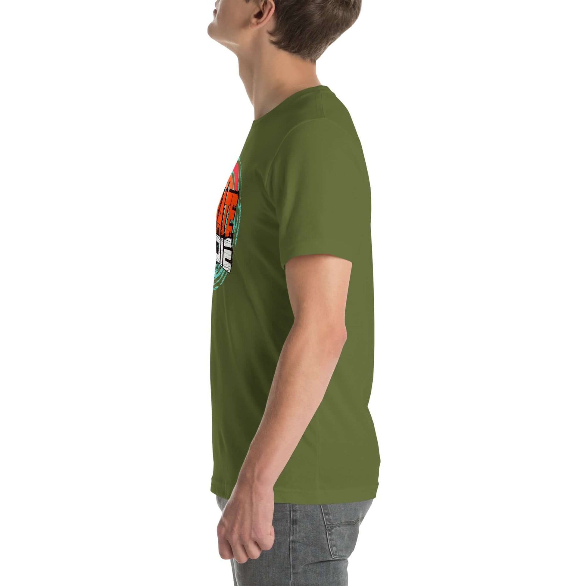 Man wearing green eSkate Life T-shirt with retro sunset design, symbolizing electric skateboarding lifestyle and tropical vibes.