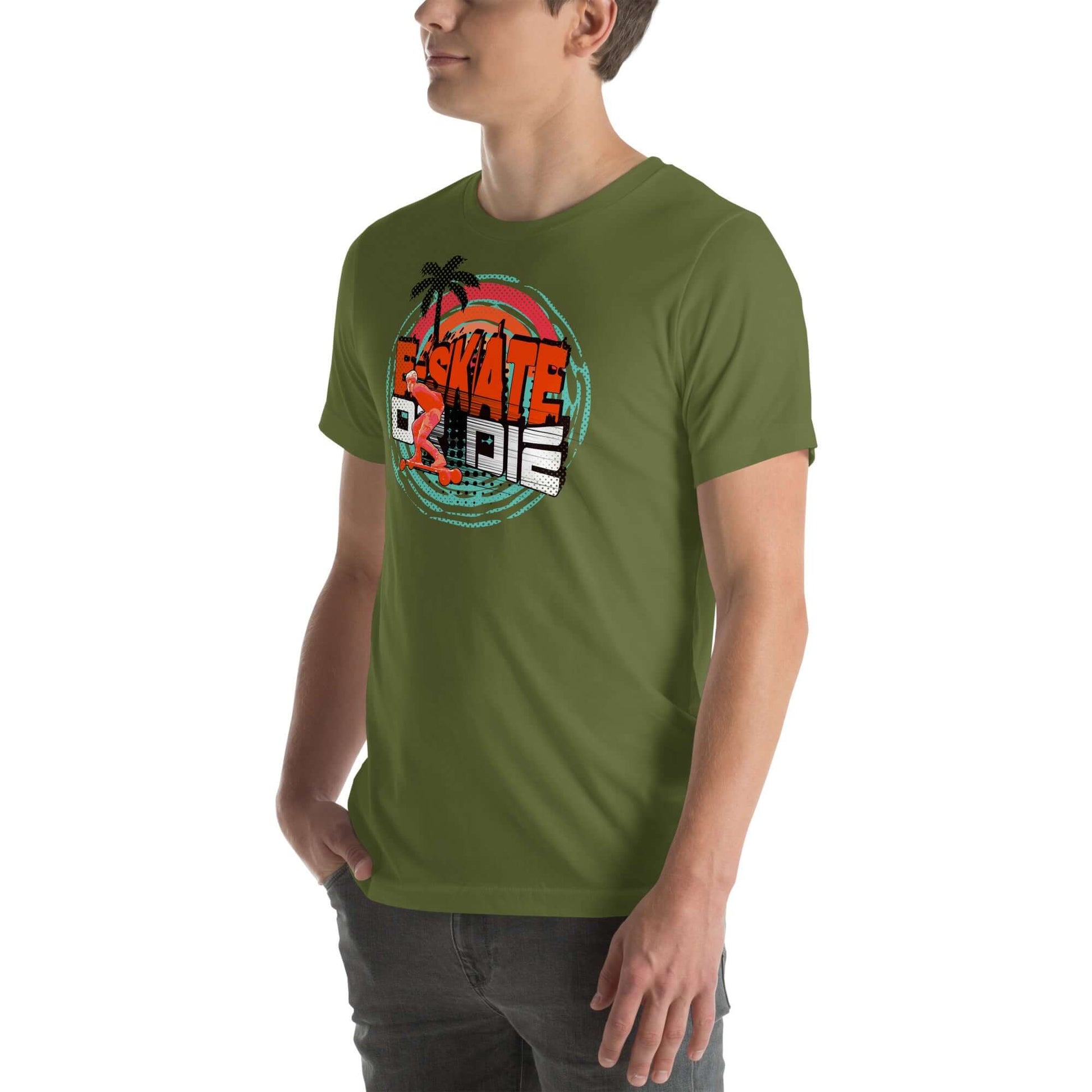 Green eSkate Life T-Shirt with tropical palm and skateboard design, representing a blend of battery anxiety and beach vibes.