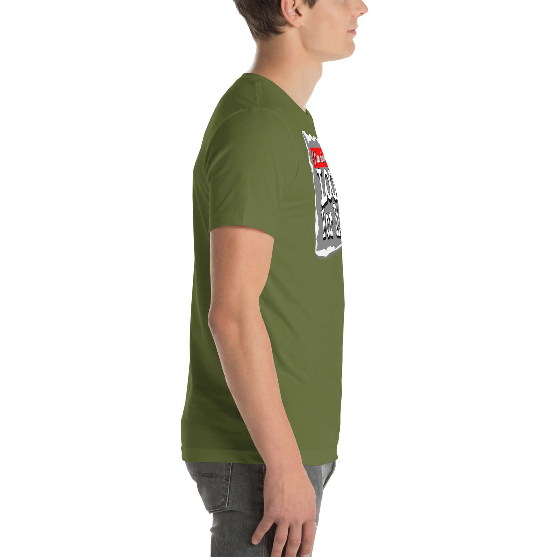 Side view of a man wearing an olive green T-shirt featuring bold typography inspired by quantum mechanics' dating profile.