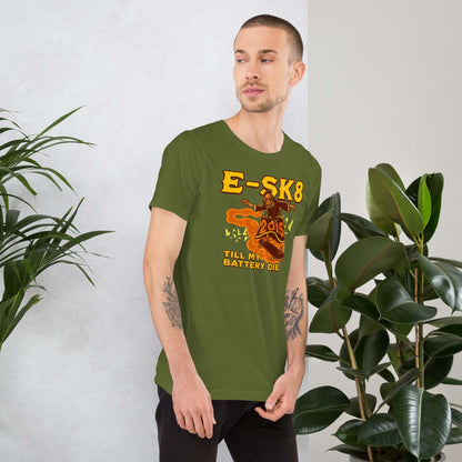 Man wearing E-SK8 Till My Battery Dies T-Shirt featuring Grim Reaper with electric skateboard design.