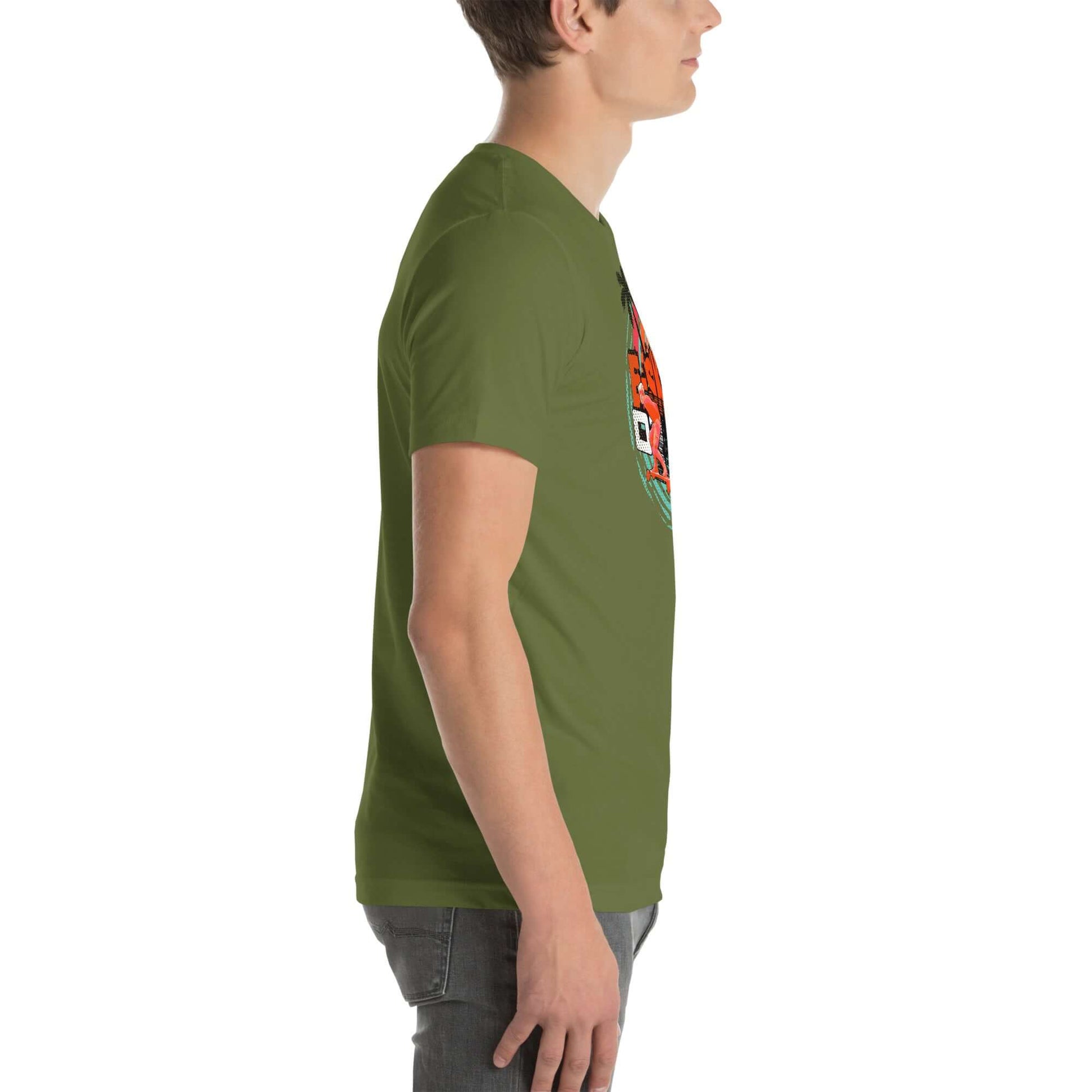 Side view of eSkate Life T-Shirt in green featuring a retro sunset and skateboarding design, perfect for electric skateboard enthusiasts.