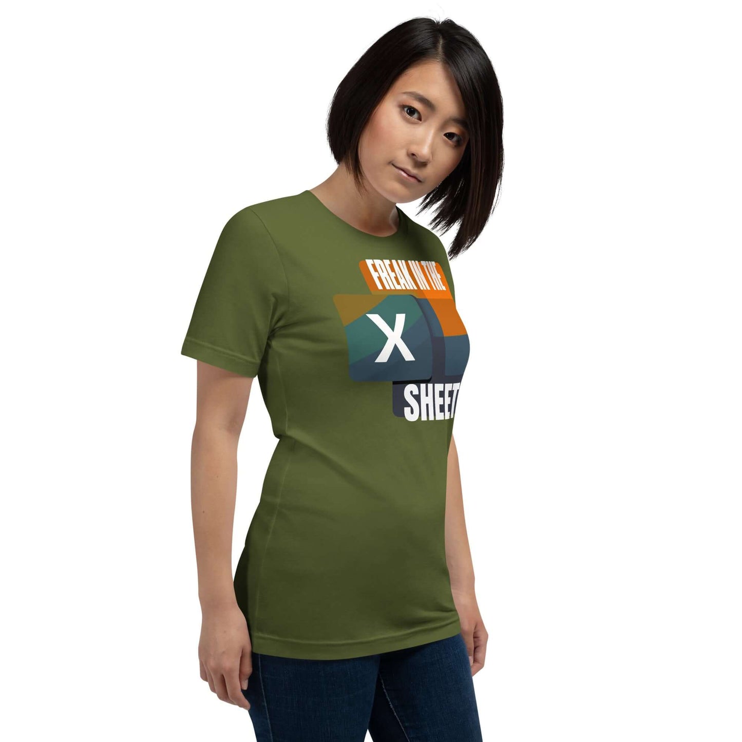 "Freak in the Sheets" Excel-inspired T-shirt in green, featuring retro design and witty slogan for data enthusiasts.