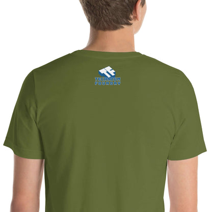 Back view of a green t-shirt with "Technium Foundry" logo, minimalist design, perfect for tech enthusiasts and casual wear.