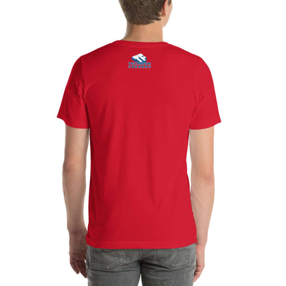 Person wearing red "My Other Car Is An Autonomous Vehicle" T-shirt, back view, celebrating classic cars and modern tech.