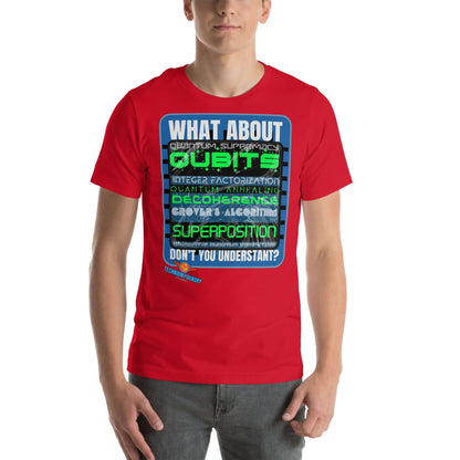 Red tee with "What About Quantum Supremacy?" design featuring quantum computing terms like qubits, superposition, and decoherence.