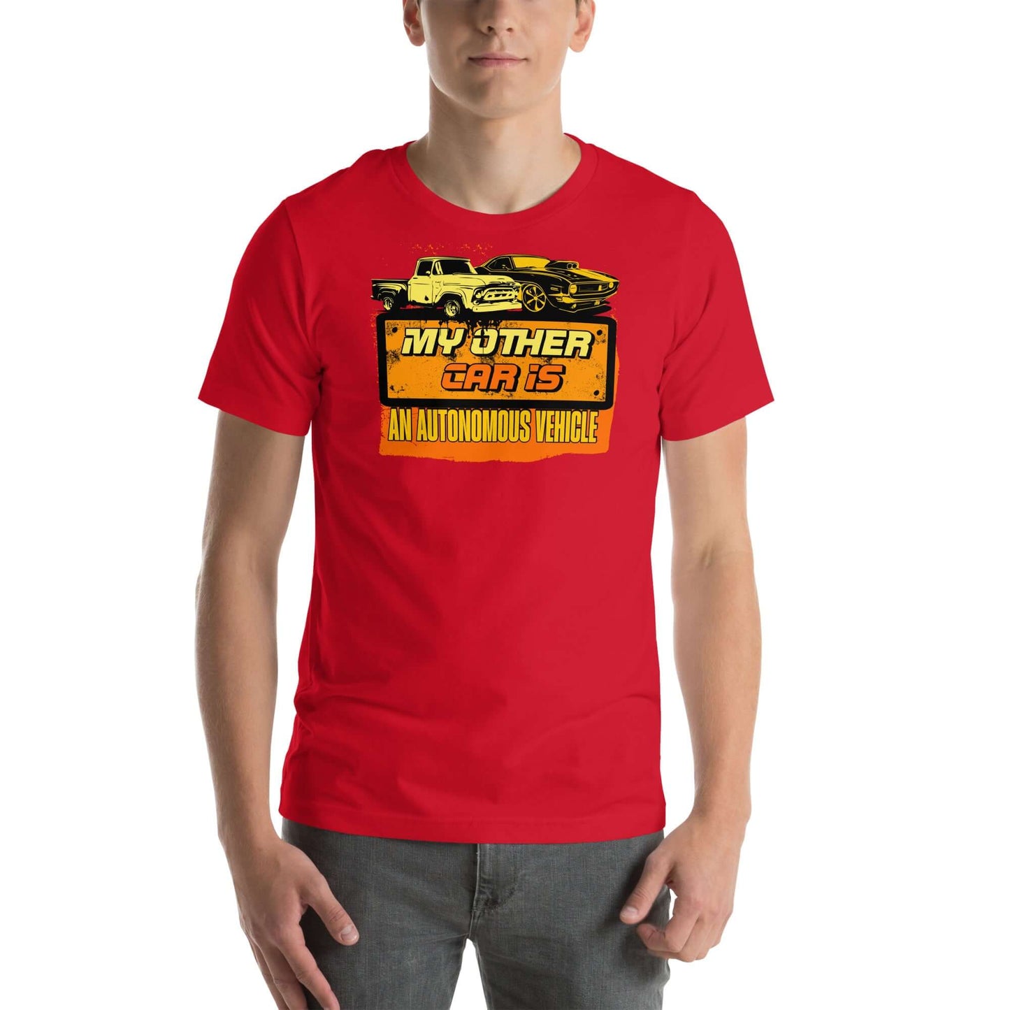 Red T-shirt featuring vintage cars with text "My Other Car Is An Autonomous Vehicle," blending classic car nostalgia with modern tech.