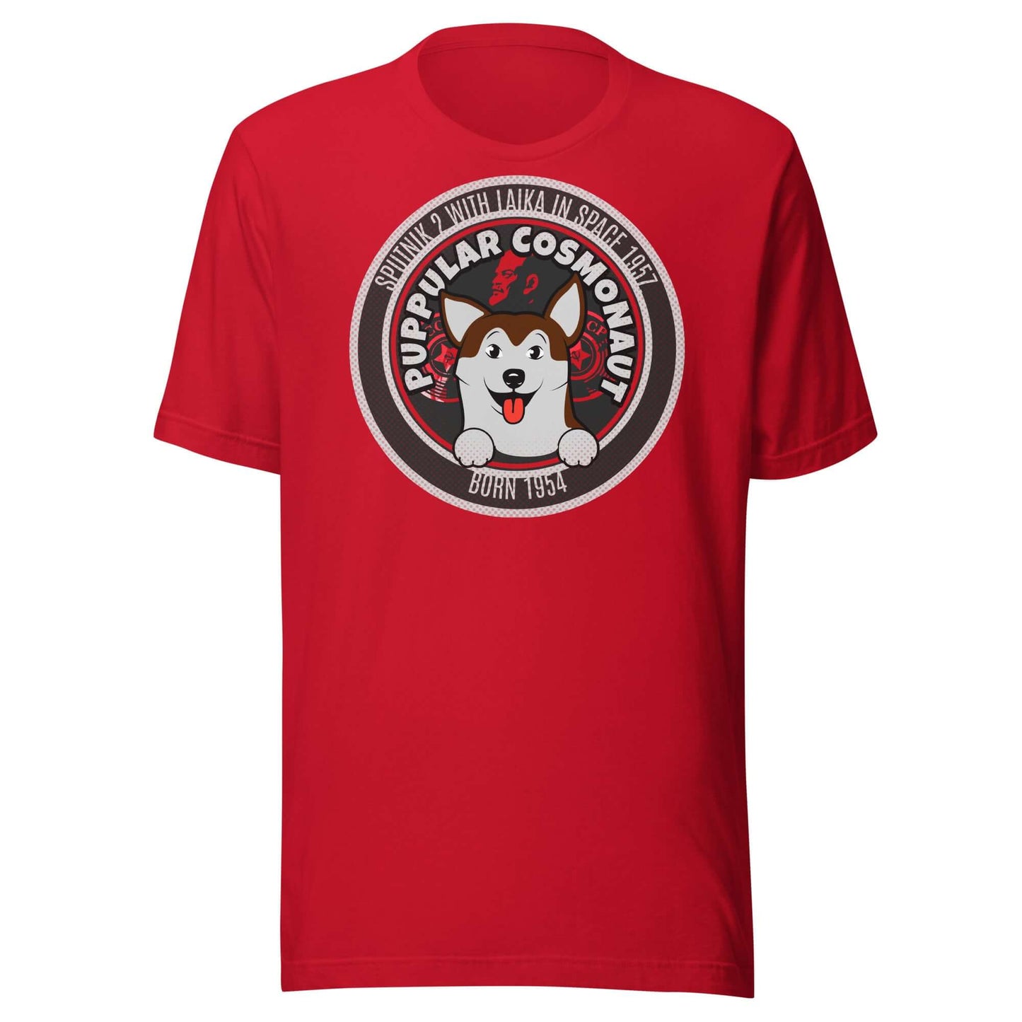 Red Puppular Cosmonaut T-Shirt featuring a retro emblem of space dog Laika, celebrating cosmic exploration and vintage design.