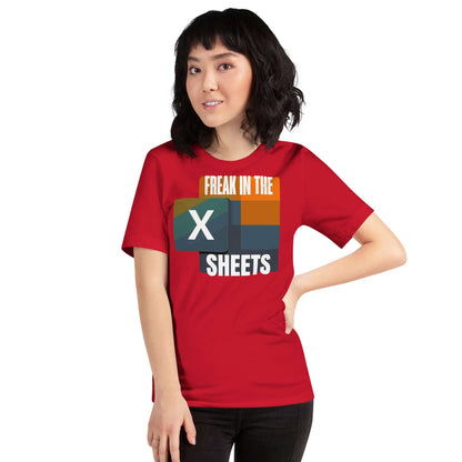 Person wearing red 'Freak in the Sheets' Excel-themed t-shirt celebrating spreadsheet skills.