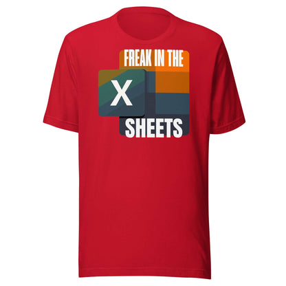 Red T-shirt with humorous 'Freak in the Sheets' retro Excel design for data enthusiasts.