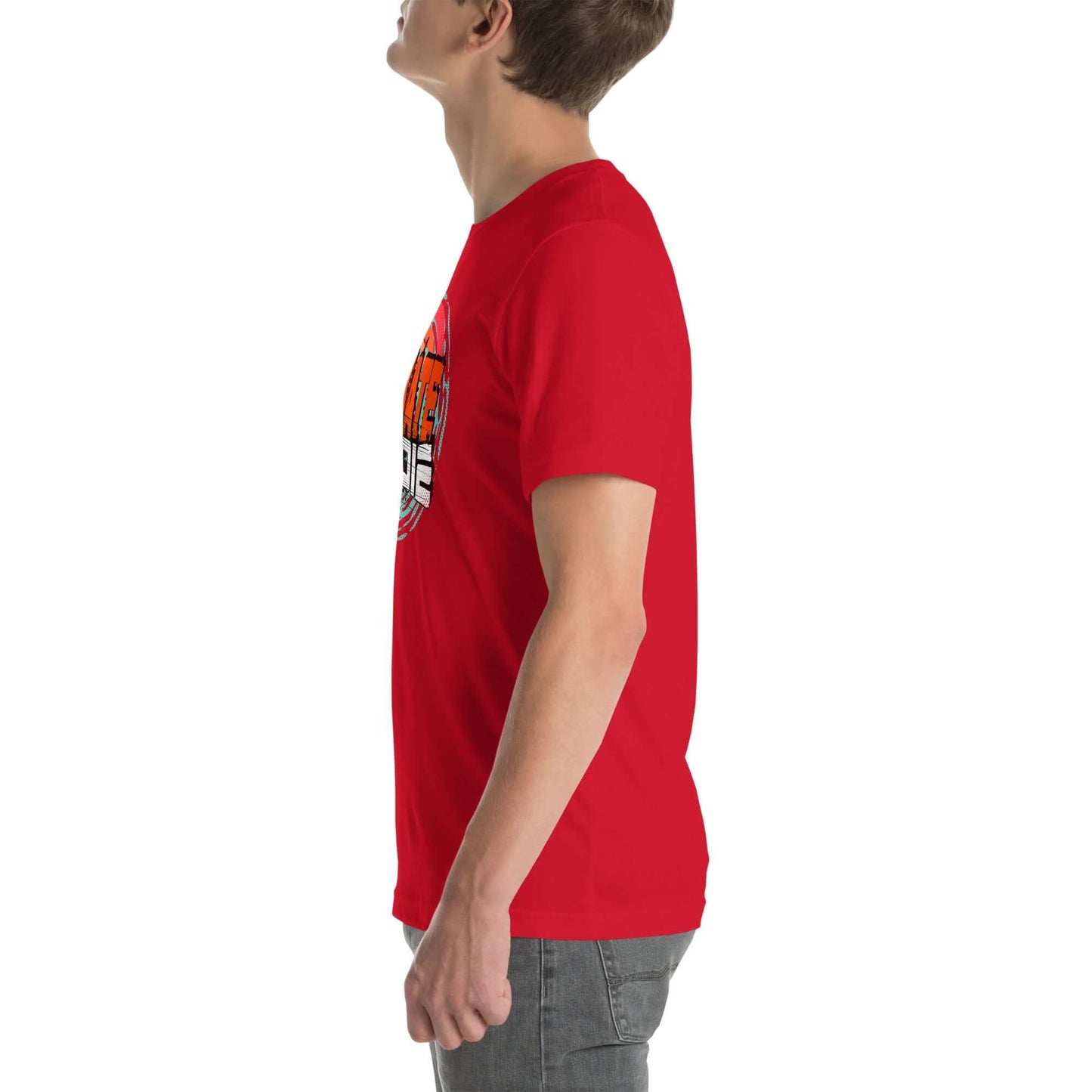 Side view of a person wearing a red eSkate Life T-shirt with a retro sunset design, inspired by electric skateboarding and tropical vibes.