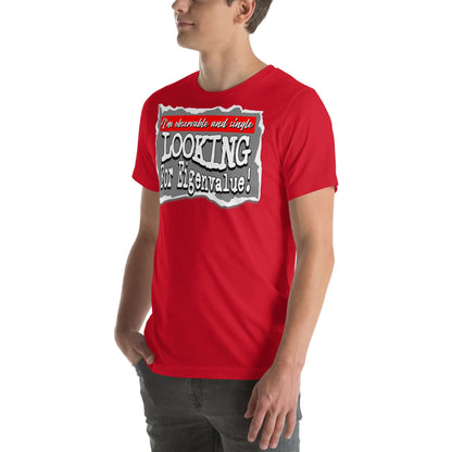 Man wearing red 'Observable and Single' quantum mechanics novelty T-shirt, with bold eigenvalue dating profile print.