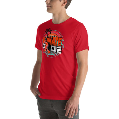 Red eSkate Life T-Shirt with retro sunset and tropical electric skateboard design. Perfect for enthusiasts of paradise and lithium-powered rides.