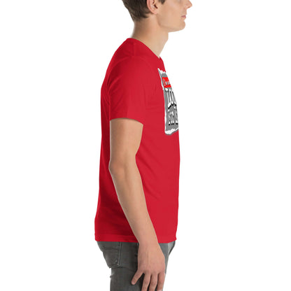 Side view of a red T-shirt featuring Quantum Mechanics dating profile design with bold typography.